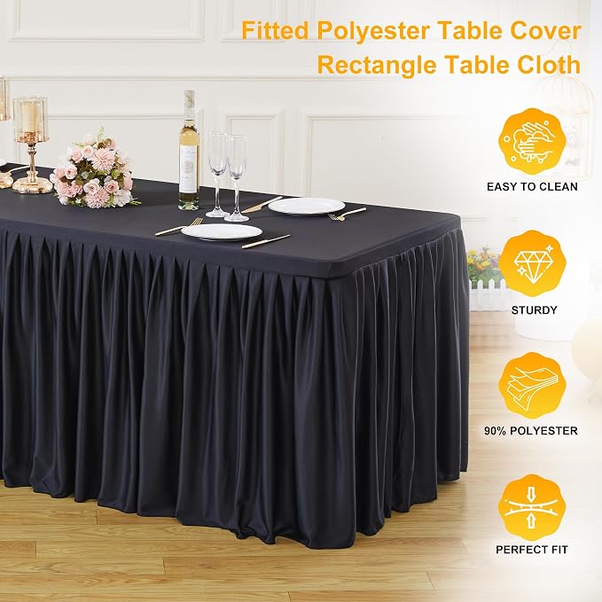 Wish Care Black Polyester Table Clothes for 8 Foot Rectangle Tables, Wrinkle Free Fitted Table Cover with Pleated Ruffle Table Skirt for Birthday Party Wedding Trade Show Event Display - Image 4
