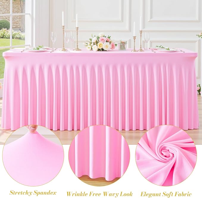 gogoparti 6 Pack Spandex Pink Fitted Table Cloth for 6ft Rectangle Tables Pink Stretch Tablecloth Table Covers Banquet Table Clothes Wrinkle Free Table Skirt for Parties Wedding - Image 5