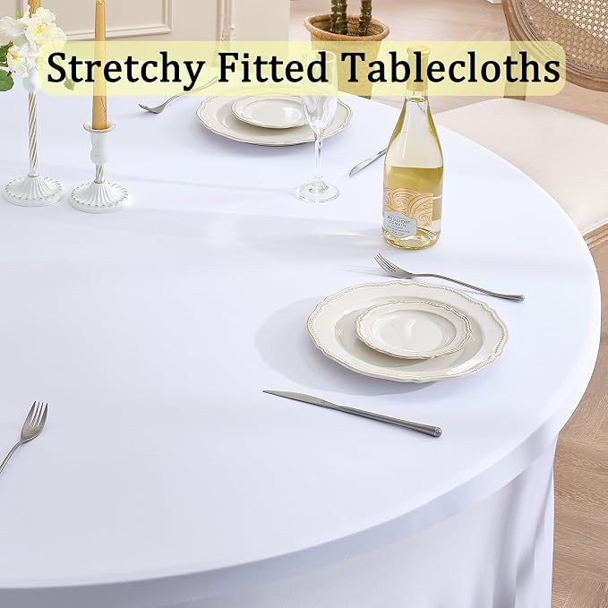 6 Pack White Round Spandex Tablecloths for 60in Tables, Wrinkle Free Stretchy 120inch Fitted 5FT Round Table Cloths Cover with Skirt for Wedding Party Dining Banquet Events - Image 2