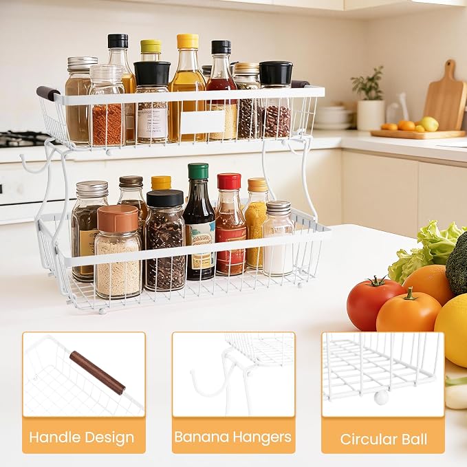 2-Tier Stackable Wire Basket with 2 Banana Hooks, Pantry Organizer for Kitchen Countertops, Cabinets & Under-Sink Spaces; Ideal for Storing Snacks, Fruits, Veggies, Onions, Potatoes, & More，White - Image 6