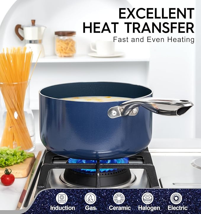 MICHELANGELO 4 Quart Saucepan with Lid, Nonstick Ceramic Sauce Pan with Stainless Steel Handle, 4 Qt Saucepan with Lid Induction Compatible, Oven Safe, Blue - Image 3