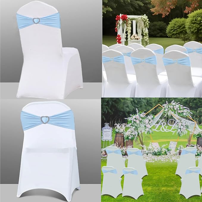 Baby Blue Chair Sashes 25 Pack Spandex Light Blue Sashes for Chairs Covers Stretch Chair Sashes Band with Heart Buckle Slider Bows for Wedding Banquet Party Event Decoration - Image 5