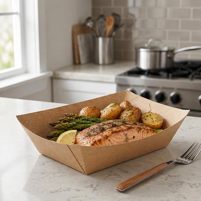 Restaurantware-Bio Tek 1/2 Pound Food Trays, 50 Disposable Paper Food Trays - Heavy-Duty, Greaseproof, Kraft Paper Food Boats, For Snacks, Appetizers, Or Treats, Use At Parties Or Carnivals - Image 3