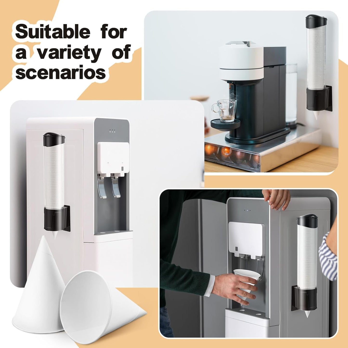 Roshtia 1000 Pcs 4 oz Paper Cone Cups Thicken Disposable with 1 Cups Dispenser Pull Type Wall Mount Cup Holder Paper for Restaurants, Home, and Office, and Shaved Ice, Cold (Black)