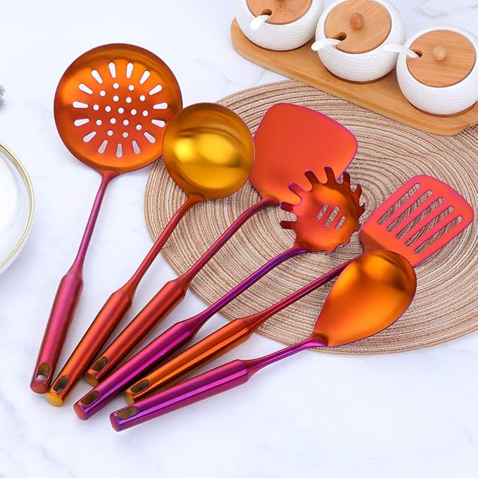 Baikai Kitchen Utensils Set of 7, Titanium Plated Orange Red Cooking Tool Gadgets Stainless Steel Cookware Set with Holder - Image 2