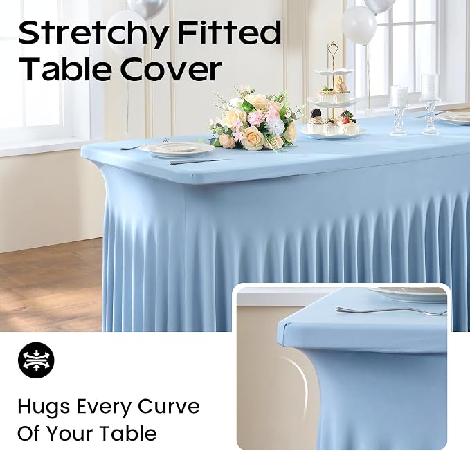 CO-AVE 2pack Dusty Blue Spandex Tablecloths 8ft for Rectangle Tables, Wrinkle Free Classy Table Skirt Stretchy 8 Foot Fitted Table Cloths Covers for Weddings Birthday Party Events Banquet Baby Shower - Image 3
