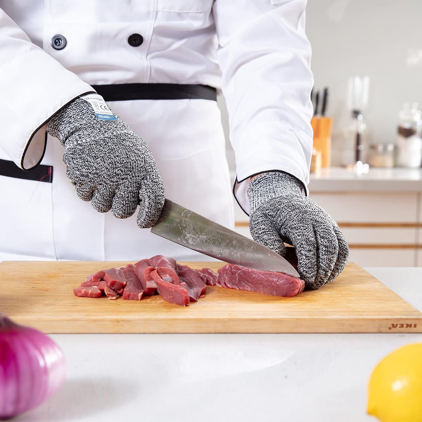 Dowellife 3 Pairs Cut Resistant Gloves Food Grade Level 5 Protection, Safety Kitchen Cuts Gloves for Mandolin Slicing, Fish Fillet, Oyster Shucking, Meat Cutting and Wood Carving (Black Gray, Small)