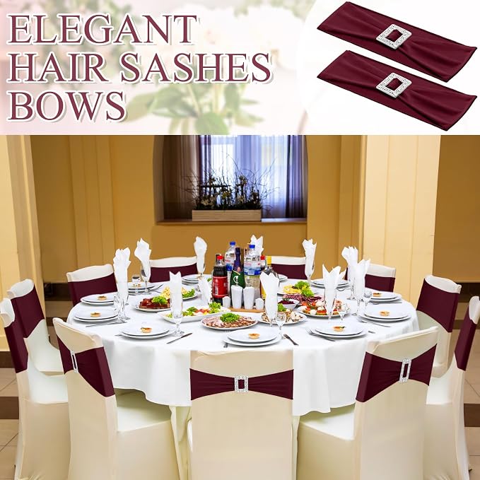 VitalCozy 100 Pcs Spandex Chair Sashes Wedding, Square Buckle, Burgundy - Image 3