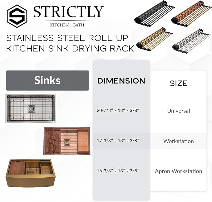 Strictly Sinks Stainless Steel Roll Up Dish Drying Rack – Copper 16 Inch Over The Sink Drying Rack Ideal for Apron Workstation Sinks Only – Multipurpose Foldable Dish Rack (16-3/8″ x 13″ x 3/8″) - Image 4