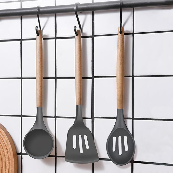Silicone Cooking Utensils Set 5-Piece Non-Stick Kitchen Utensil Set, Wood Handle Heat Resistant Spatula Spoon Turner Soup Ladle Silicone Cooking Kitchen Gadgets BPA Free for Nonstick Cookware - Image 8