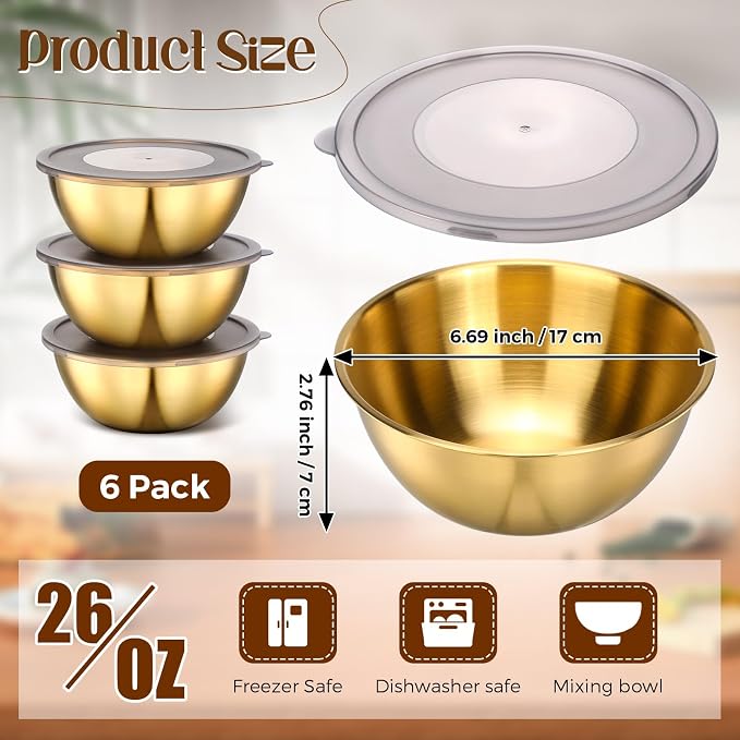 Nuogo 6 Pack 6.69 Inches Gold Stainless Steel Mixing Bowls with Airtight Lids Stackable Metal Serving Esthetician Facial Bowls for Salad, Fruit, Soup & Kitchen Prep - Image 2