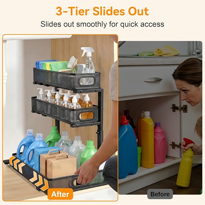 3 Tier Adjustable Under Sink Organizer for Bathroom & Kitchen(1Pack, Black) - Image 7