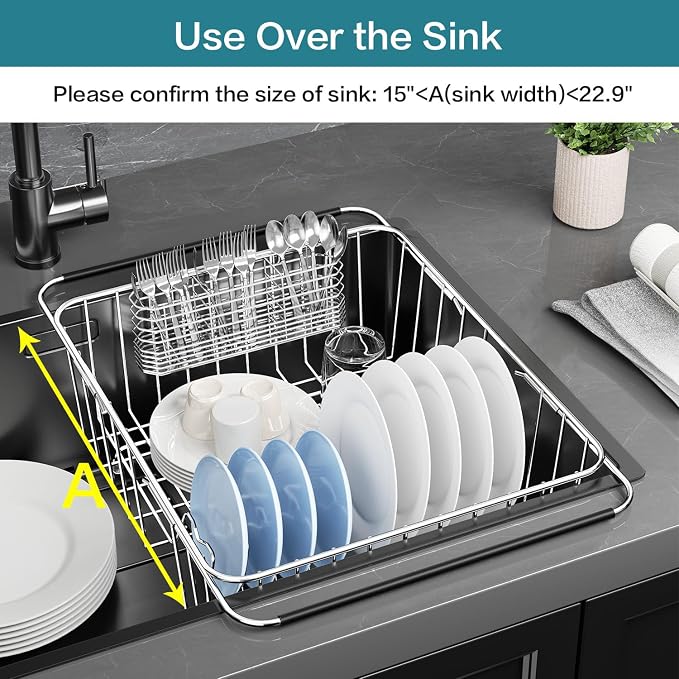 Large Dish Drying Rack in Sink Expandable, Adjustable304 Stainless Steel Metal Dish DrainerRack Organizer with Stainless Steel Utensil Holder Over Inside Sink Counter, Rustproof - Image 3