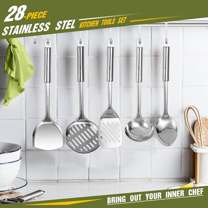 Stainless Steel Kitchen Utensil Set- Fungun 28 Pcs Cooking Nonstick Cookware Set with Spatula - Best Gadgets Tools Kitchen Accessories - Image 7