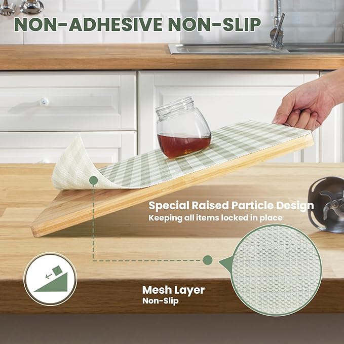 Drawer Liner and Shelf Liner for Kitchen Cabinet Liner Non-Adhesive Non-Slip Shelf Paper, Thick Strong Grip Waterproof Easy to Clean for Shelves, Cupboard, Desks, Green Plaid Pattern, 17.5 in x 30 FT - Image 2