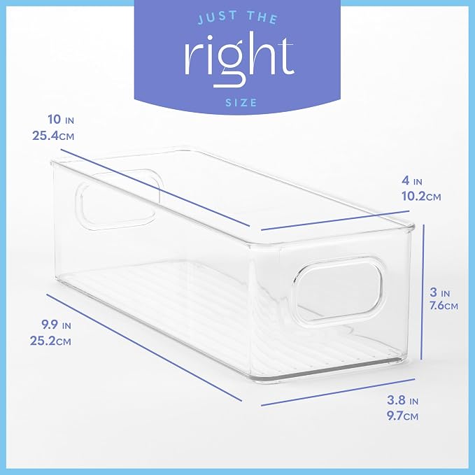 Plastic Food Storage Clear Container 2 Pack Bin with Handles for Organizing Kitchen, Pantry, Refrigerator, Freezer, Pantry, Cabinet, Closet, Bathroom. Stackable 10”x4”x3” - Image 3