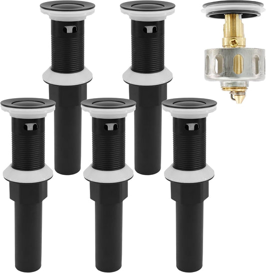 Bathroom Sink Drain,5 Pack Drain Stopper with Overflow,Small Cap Pop Up Drain Assembly with Detachable Strainer Basket,Built-in Anti-Clogging, Stainless Steel Nut Matte Black