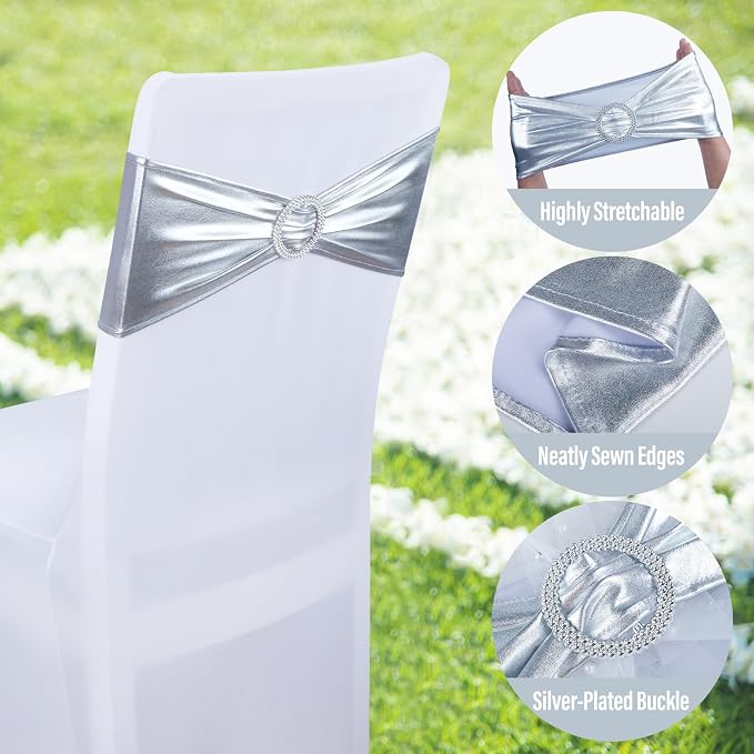 LEBENGURU Metallic Silver Stretch Chair Sashes 50pcs with Buckle Slider - Image 4