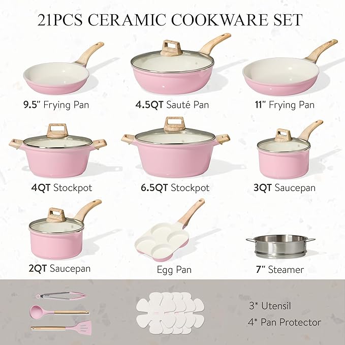 CAROTE 21pcs Ceramic Cookware Set, Pots and Pans Set, Pink - Image 2