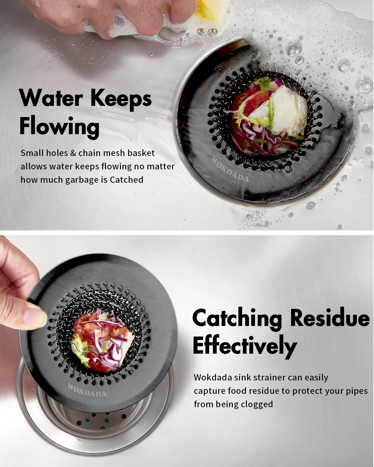 Sink Drain Strainer (Black): Flexible Anti-Slip Chainlink, 304 Stainless Steel. Upgraded Clog-Free, Easy-Clean Catcher for Kitchen Garbage Disposal