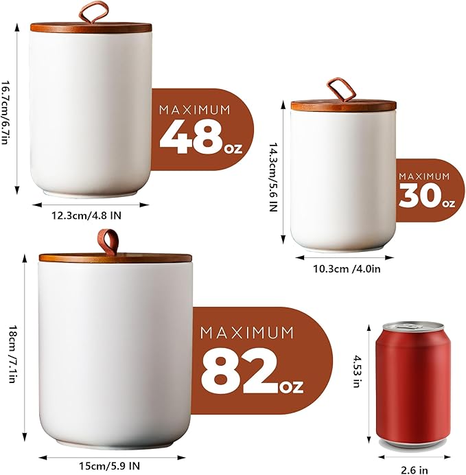 JOJUNO White Ceramic Canister 3 Piece with Airtight Bamboo Lid - Image 2