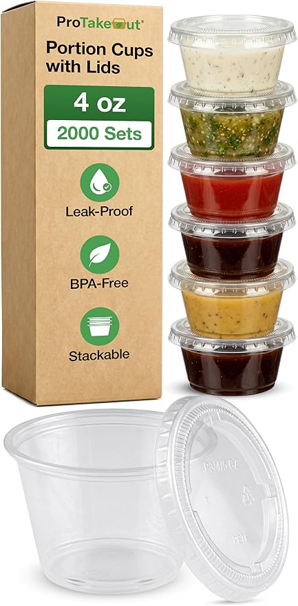 0.75-5.5 oz Plastic Portion Cups with Lids, 100-2000 Count, Dessert Cups with Lids, Jello Shot Cups with Lids, Small Plastic Cups for Salad Dressing & Condiments (2000, 4.0, ounces) by ProTakeOut