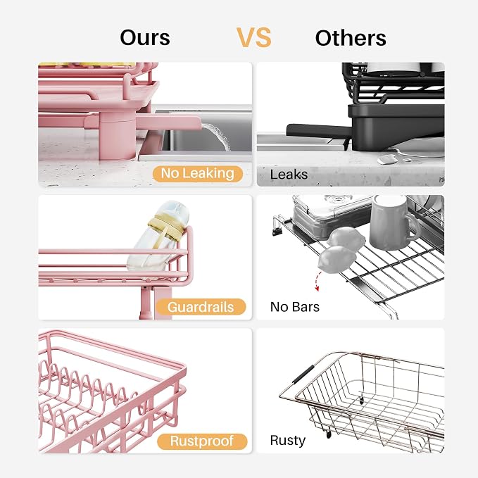 SNTD Expandable Dish Drying Rack for Kitchen Counter, Stainless Steel, Pink - Image 4
