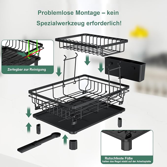 Rottogoon Large Dish Drying Rack 2-Tier Stainless Steel Dish Racks for Kitchen Counter Durable Dish Drainer with Drainboard Drainage Utensil Holder for Various Kitchenware Black - Image 7