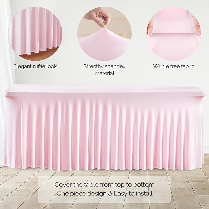 Wish Care 2 Pack Pink Spandex Table Clothes for 4 Foot Rectangle Tables, 4FT Wrinkle Free Fitted Tablecloths Ruffles Design Table Cover for Party, Banquet, Wedding and Events - Image 2