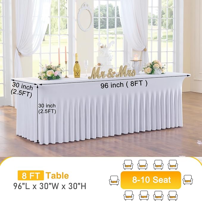 CO-AVE 6pk White 8ft Spandex Tablecloths for Rectangle Tables, Wrinkle Free Wavy White Table Skirt Stretchy Fitted Table Cloth Covers 8 Foot for Weddings Birthday Party Events Banquette Baby Shower - Image 8