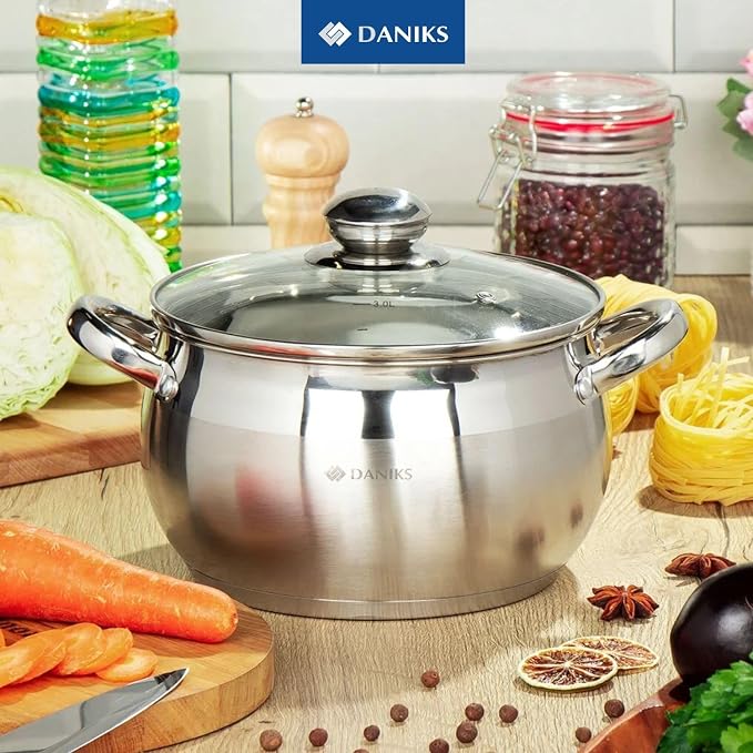 Daniks Classic 4 Quart Stainless Steel Stock Pot with Glass Lid, Tri-Ply Bottom for Even Heating, Induction Compatible, Dishwasher Safe - Image 8