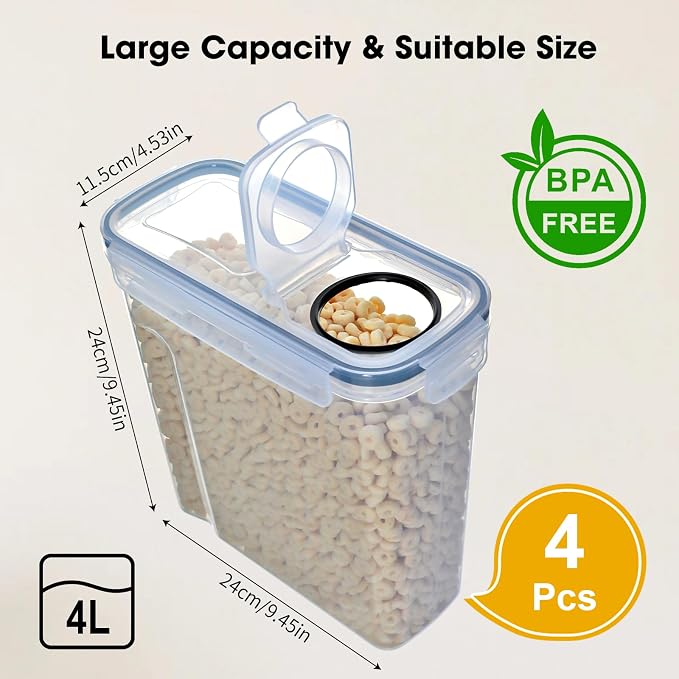 Airtight Food Containers, 4L Kitchen Storage Box, Pack of 4, Sealed Plastic Food Jars with Lids for Storing Cereal Pasta Flour Pets - Image 2