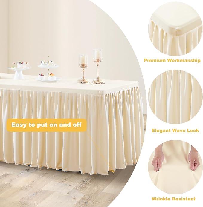 Wish Care Light Champagne Polyester Table Clothes for 8 Foot Rectangle Tables, Wrinkle Free Fitted Table Cover with Pleated Ruffle Table Skirt for Birthday Party Wedding Trade Show Event Display - Image 4