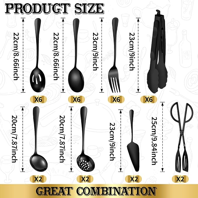 32 Piece Stainless Steel Serving Utensils Set - Complete Buffet Serving Spoons, Tongs, Ladles, Spatulas for BBQ, Parties, Weddings, Catering and Events (Black) - Image 2