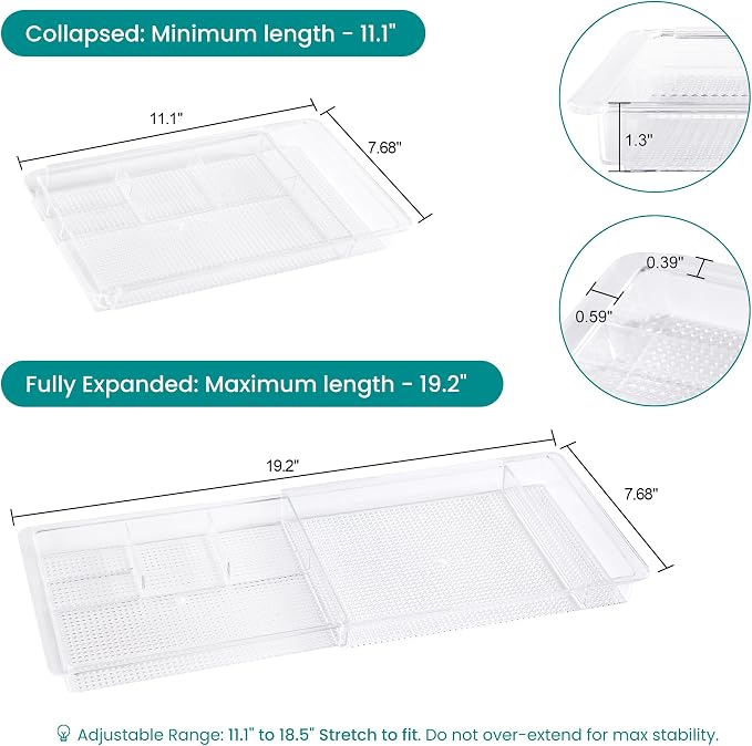 Oubonun Expandable Shallow Vanity Plastic Makeup Drawer Organizers, 4 Pack | Low Profile 1.3 Inch Height Clear Storage Tray - Scalable Width Customization Fits Cosmetic Lipsticks Brushes, Dressing Table - Image 2
