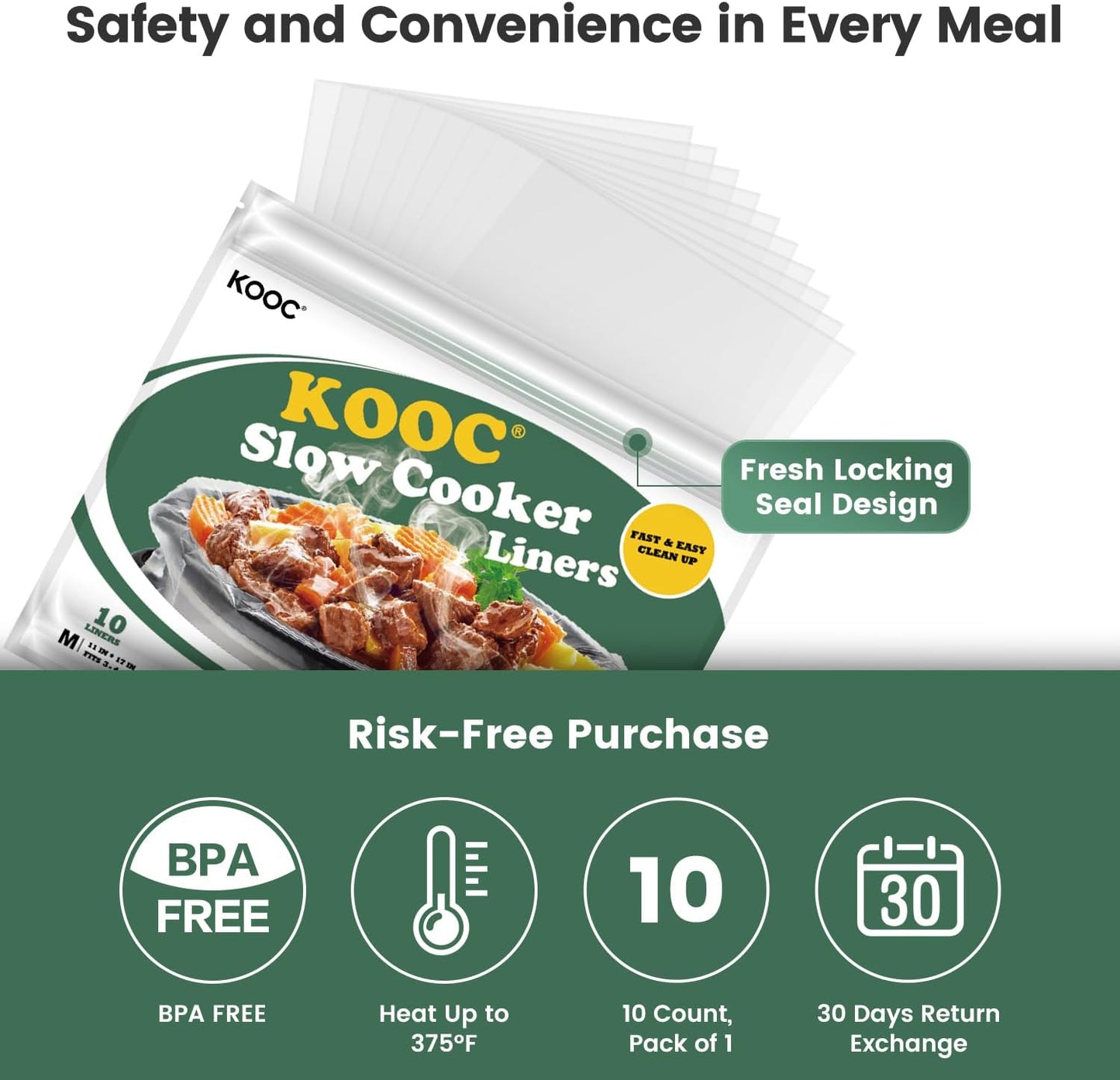 KOOC Slow Cooker Liners 11"x17" 10 count Middle Size Disposable Plastic Bags Pot Liners Cooking Bags Fit 3 qt to 4 qt Pot BPA Free