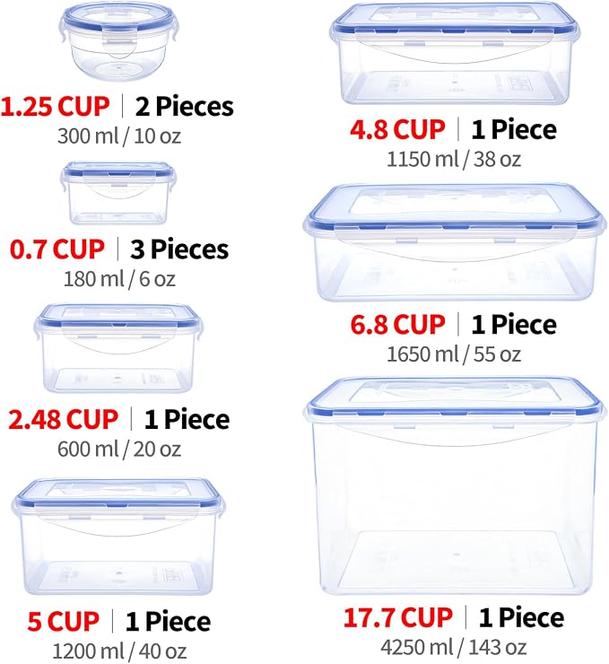 KIGI Food Storage Containers Set, Set of 10 (0.7-17.7 Cup) | Airtight Lids, Stackable, BPA-Free Plastic, Multi-Use for Meal Prep, Leftovers, Kitchen & Fridge Freezer Organization - Image 2