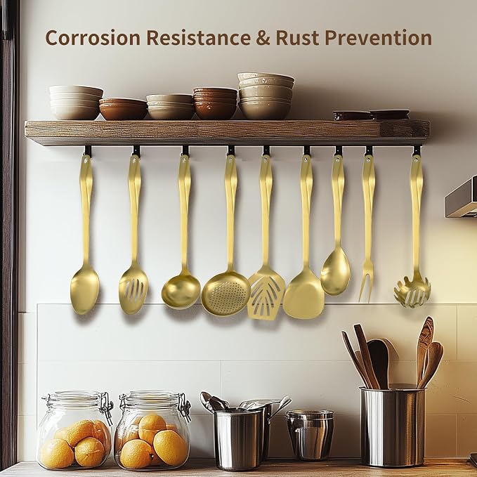 304 Stainless Steel Kitchen Utensil Set - 9pcs Cooking Utensils, Metal Kitchen Utensil Spatula Sets Cookware,High temperature resistance Kitchen Tool Set for Hanging Dishwasher Safe（Gold） - Image 2
