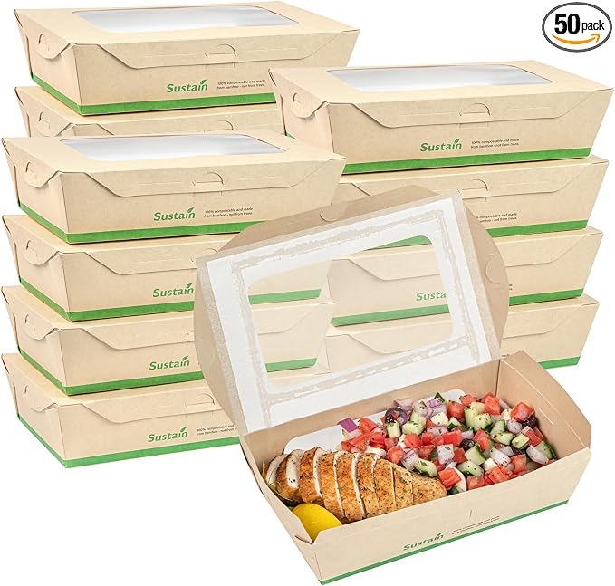 Restaurantware 35 oz Paper Bamboo Medium Bio Take Out Container, 50 Pack by Restaurantware
