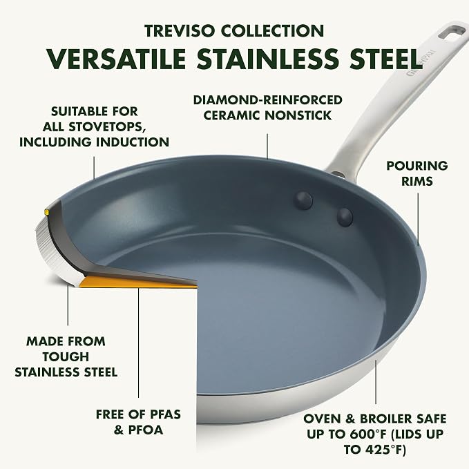 GreenPan Treviso Stainless Steel Healthy Ceramic Nonstick, 12" Frying Pan Skillet with Lid, PFAS-Free,Clad, Induction, Dishwasher Safe, Silver - Image 4