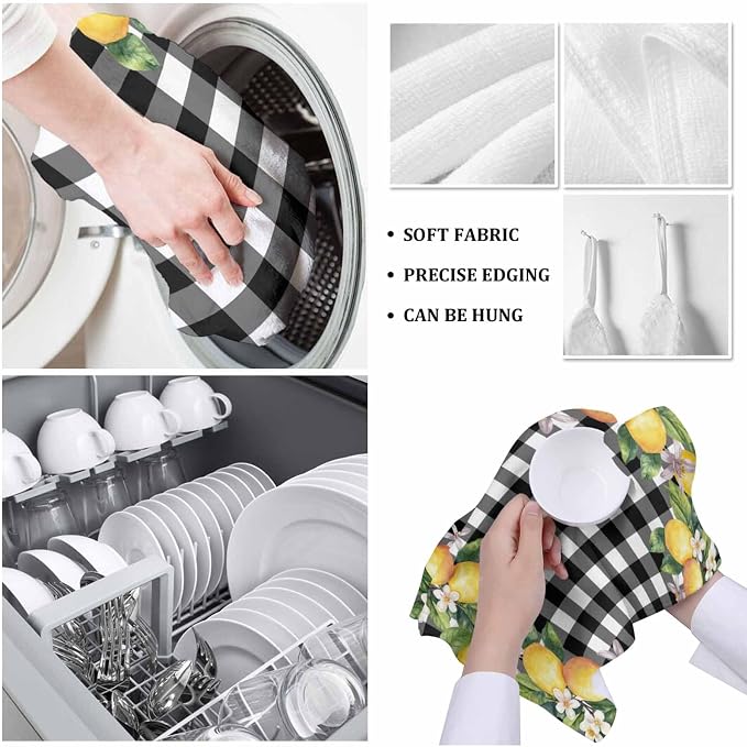 Summer Lemon Flower Kitchen Towels Microfiber Cleaning Cloths, Black White Buffalo Plaid Soft Dish Towels for Kitchen, Pack of 4 Absorbent Hand Towels Reusable Tea Towels Bar Towels 18x28 Inch - Image 5