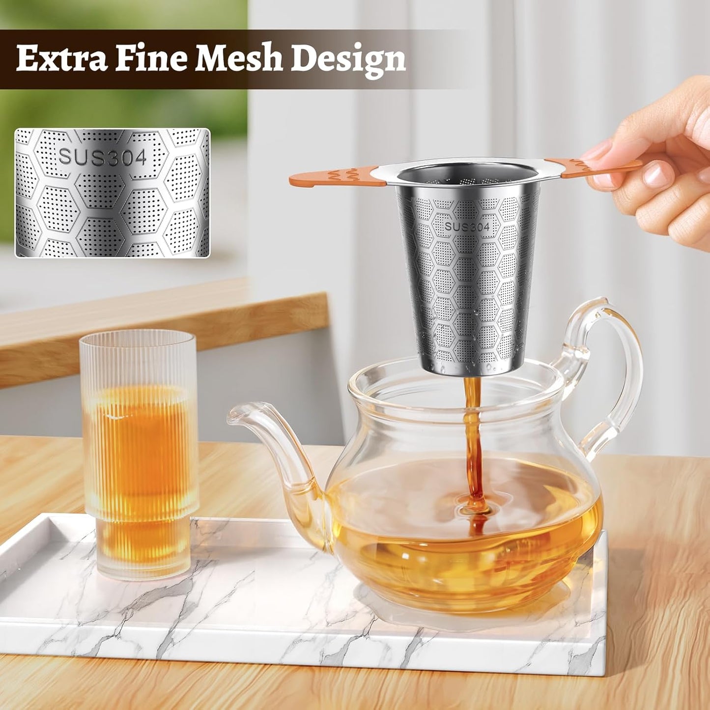 Tea Infuser for Loose Leaf Tea,18/8 Stainless Steel Tea Infuser with Heat Proof Silicone Handles,Extra Fine Mesh Tea Strainers Filter Fine Tea Leaves Effectively,Fits TeaPots/Mugs-Orange