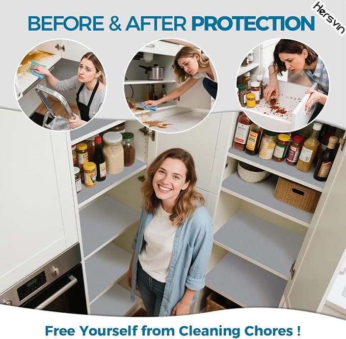 Hersvin Shelf Liners, 12in x 20ft Kitchen Drawer Mats, Non-Adhesive EVA Cupboard Protector, Cabinet Lining (Light Gray/Dot) - Image 3
