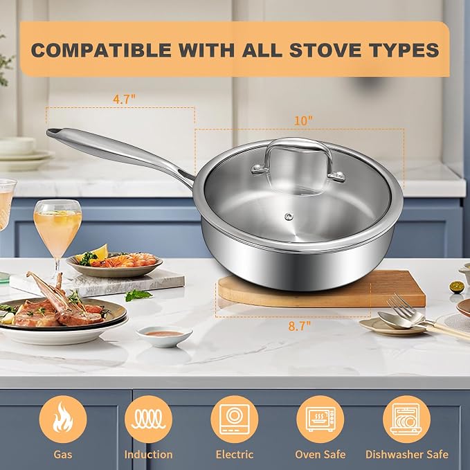 EWFEN Tri-Ply Stainless Steel Frying Pan 3QT, 10 Inch Deep Frying Pan with lids, Skillet, Induction Cooking Pan, Dishwasher and Oven Safe, Fast & Even Heat, Heavy Duty and Detachable Handle - Image 6