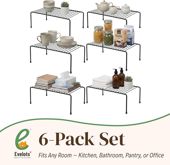 Evelots Wire Shelf Organizer Set Metal Cabinet Shelf Risers, 6-Pack, Black - Image 7