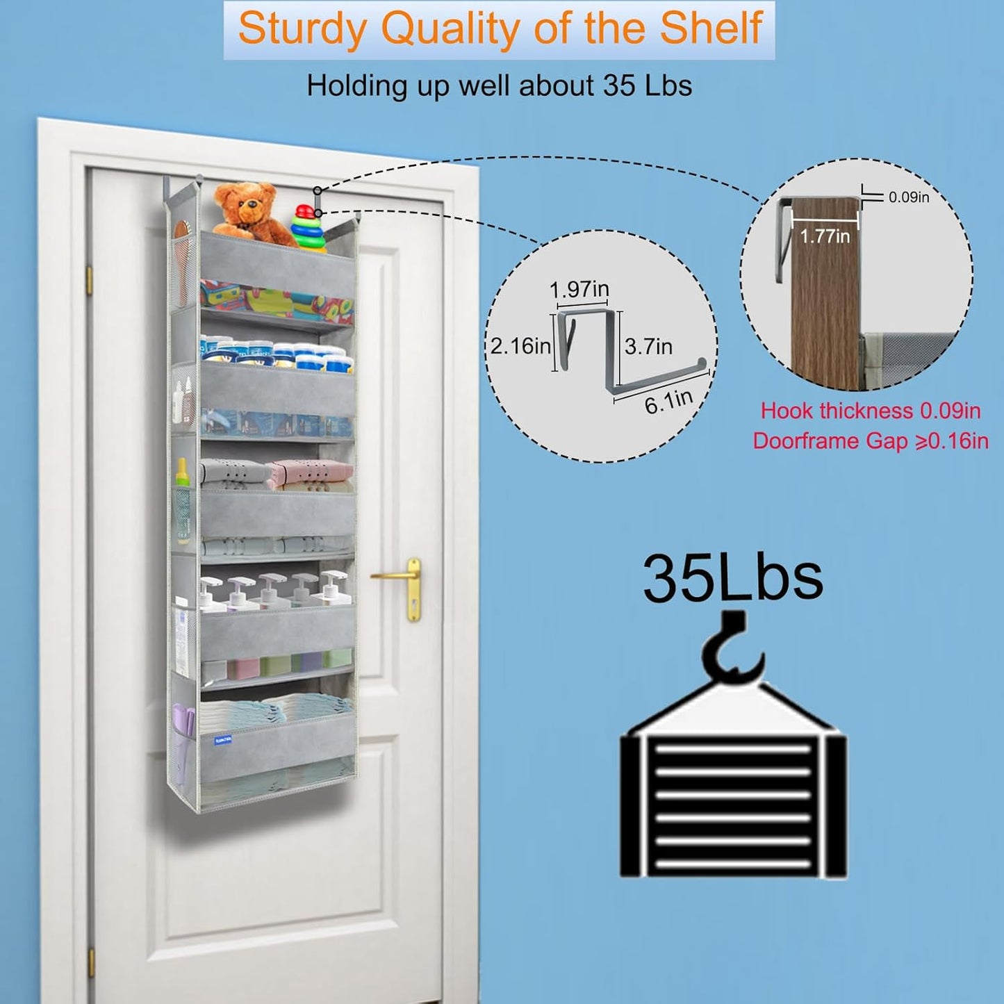 Extra Large Over The Door Organizer Storage 5-Shelves and 10 Side Pockets, Heavy Duty Hanging Door Organizer for Closet Bathroom Bedroom Nursery Pantry, Grey