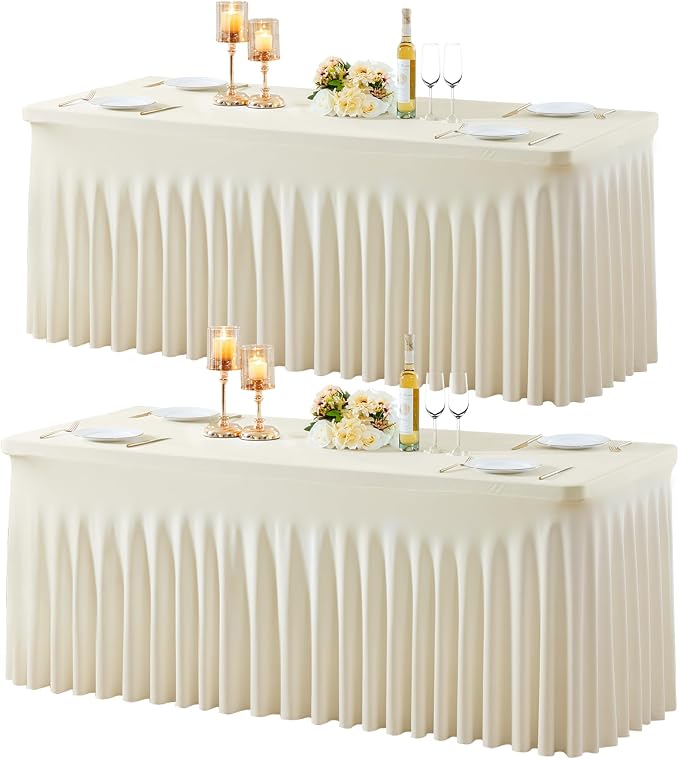 2 Pack Spandex Beige Fitted Table Cloth for 8ft Rectangle Tables Beige Stretch Tablecloth Table Covers Skirt Banquet Wrinkle Free Tablecloths for Parties Wedding by Gogoparti