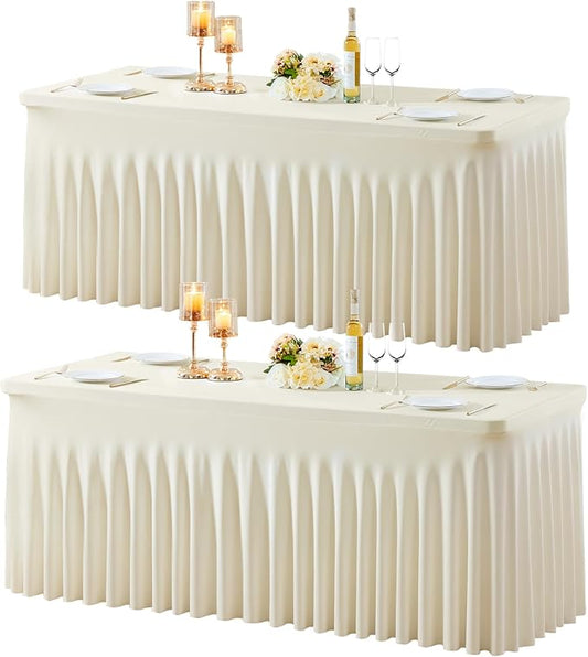 2 Pack Spandex Beige Fitted Table Cloth for 8ft Rectangle Tables Beige Stretch Tablecloth Table Covers Skirt Banquet Wrinkle Free Tablecloths for Parties Wedding by Gogoparti
