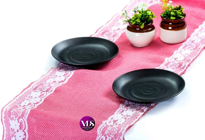 VDS Pack of 25, Burlap Table Runner with White Lace Edge, 100% Natural Jute Rustic Hessian Table Cloth Centerpiece for Wedding Birthday Party Banquet Table Decoration (Size 12X108 Inch)(Pink) by VDS