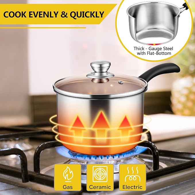 E-far 3 Quart Saucepan with Lid, Stainless Steel Small Sauce Pan for Milk - Image 3